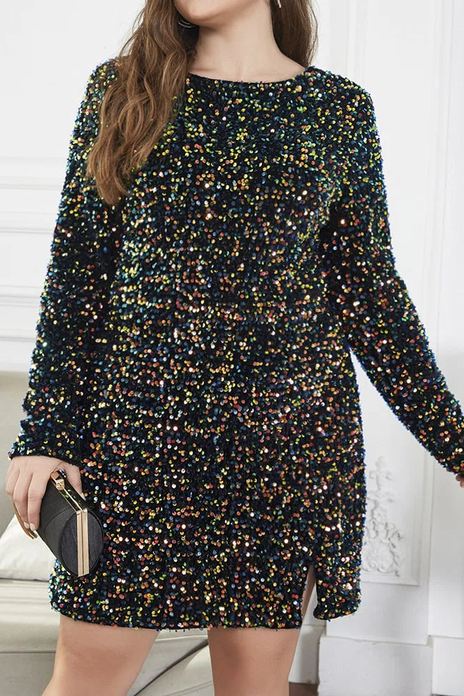 Plus Size Black Multicolor Sequin Crewneck Long Sleeve Mini Dress with Open Back