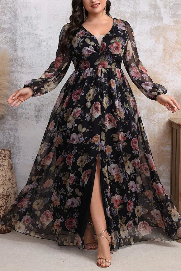 Plus Size Black Floral Print V-Neck Lantern Sleeve Chiffon Maxi Dress with Slit