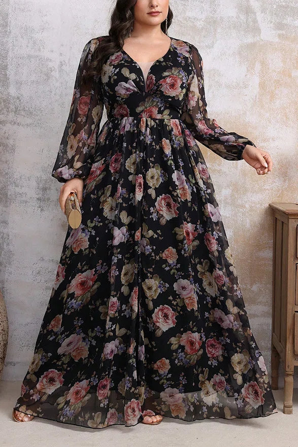 Plus Size Black Floral Print V-Neck Lantern Sleeve Chiffon Maxi Dress with Slit
