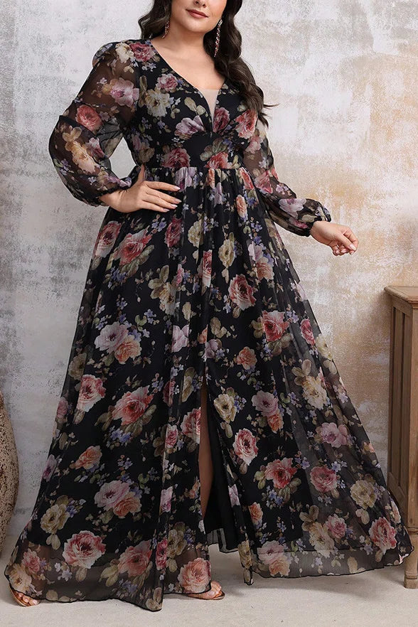 Plus Size Black Floral Print V-Neck Lantern Sleeve Chiffon Maxi Dress with Slit