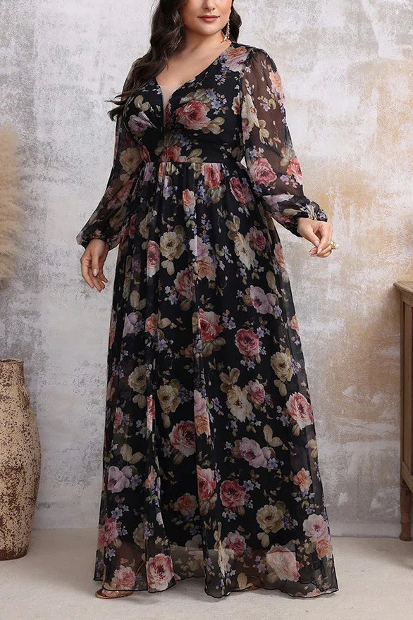 Plus Size Black Floral Print V-Neck Lantern Sleeve Chiffon Maxi Dress with Slit