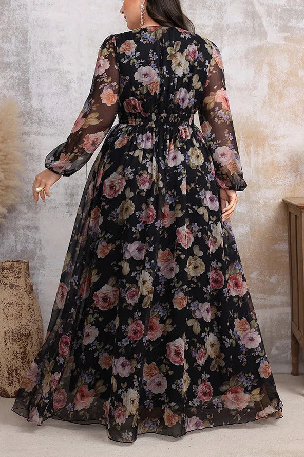Plus Size Black Floral Print V-Neck Lantern Sleeve Chiffon Maxi Dress with Slit