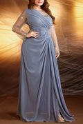 Plus Size Haze Blue Beaded Sheer Sleeve Chiffon Evening Gown with Ruched Waist