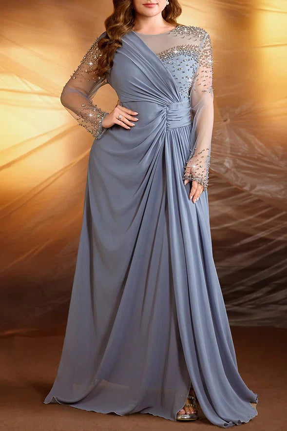 Plus Size Haze Blue Beaded Sheer Sleeve Chiffon Evening Gown with Ruched Waist
