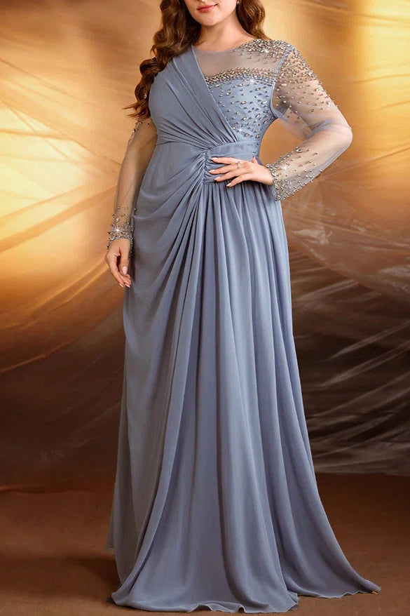 Plus Size Haze Blue Beaded Sheer Sleeve Chiffon Evening Gown with Ruched Waist