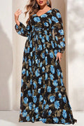 Plus Size Black Blue Rose Print V-Neck Cinched Waist Lantern Sleeve Chiffon Maxi Dress