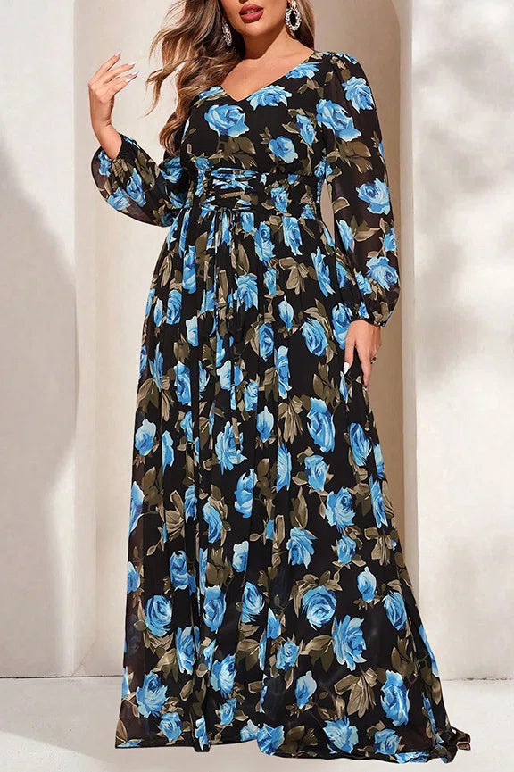 Plus Size Black Blue Rose Print V-Neck Cinched Waist Lantern Sleeve Chiffon Maxi Dress