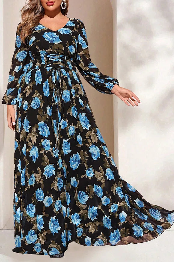 Plus Size Black Blue Rose Print V-Neck Cinched Waist Lantern Sleeve Chiffon Maxi Dress