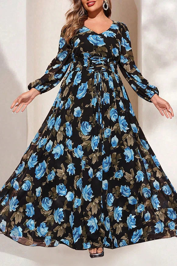 Plus Size Black Blue Rose Print V-Neck Cinched Waist Lantern Sleeve Chiffon Maxi Dress