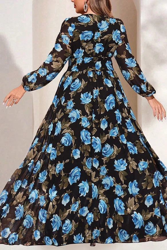 Plus Size Black Blue Rose Print V-Neck Cinched Waist Lantern Sleeve Chiffon Maxi Dress