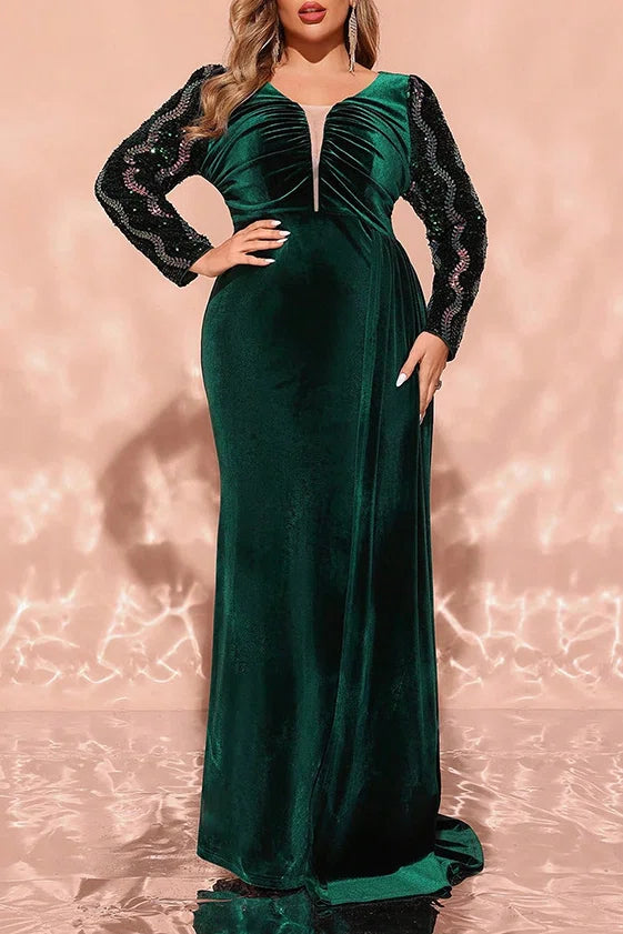 Plus Size Dark Green Velvet Beaded Sleeve V-Neck Mermaid Evening Gown with Overlay