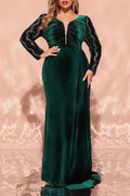 Plus Size Dark Green Velvet Beaded Sleeve V-Neck Mermaid Evening Gown with Overlay