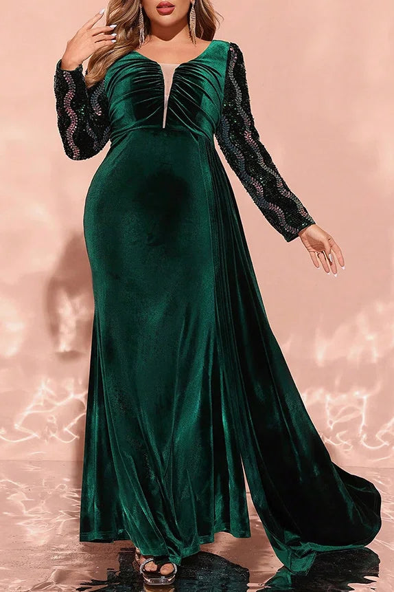 Plus Size Dark Green Velvet Beaded Sleeve V-Neck Mermaid Evening Gown with Overlay