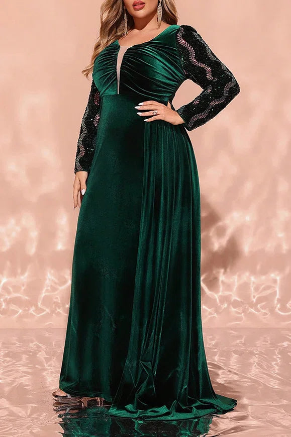 Plus Size Dark Green Velvet Beaded Sleeve V-Neck Mermaid Evening Gown with Overlay