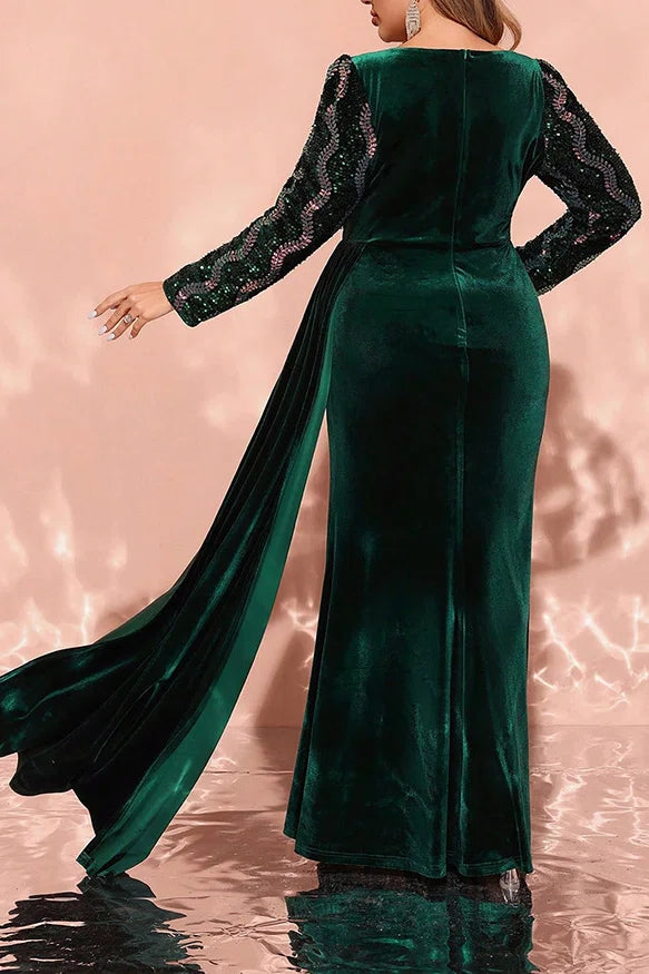 Plus Size Dark Green Velvet Beaded Sleeve V-Neck Mermaid Evening Gown with Overlay