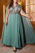 Plus Size Mint Green Pleated Cape Sleeve A-Line Evening Gown with Embellished Bodice