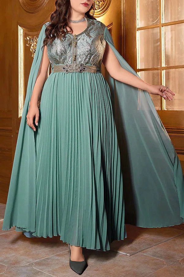 Plus Size Mint Green Pleated Cape Sleeve A-Line Evening Gown with Embellished Bodice