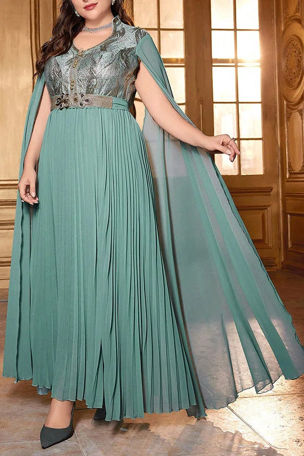 Plus Size Mint Green Pleated Cape Sleeve A-Line Evening Gown with Embellished Bodice
