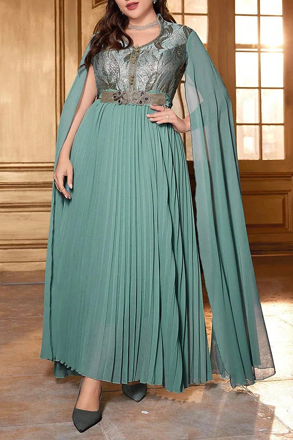 Plus Size Mint Green Pleated Cape Sleeve A-Line Evening Gown with Embellished Bodice