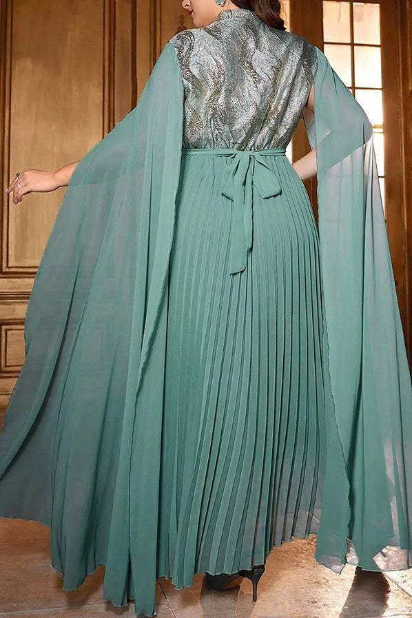 Plus Size Mint Green Pleated Cape Sleeve A-Line Evening Gown with Embellished Bodice