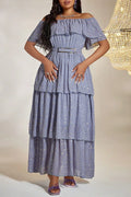 Plus Size Light Purple Star Print Off-Shoulder Tiered Cake Maxi Dress with Belt
