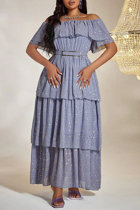 Plus Size Light Purple Star Print Off-Shoulder Tiered Cake Maxi Dress with Belt
