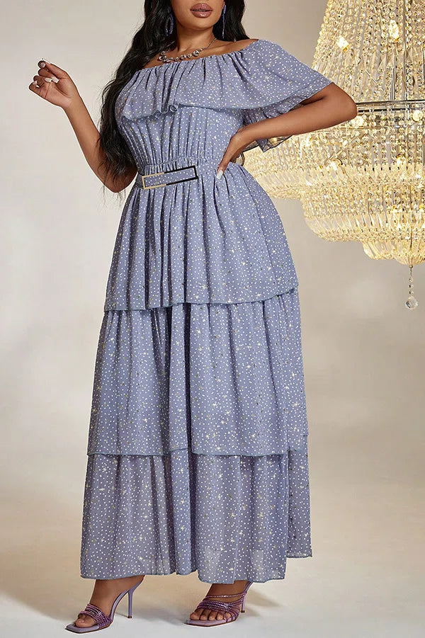 Plus Size Light Purple Star Print Off-Shoulder Tiered Cake Maxi Dress with Belt