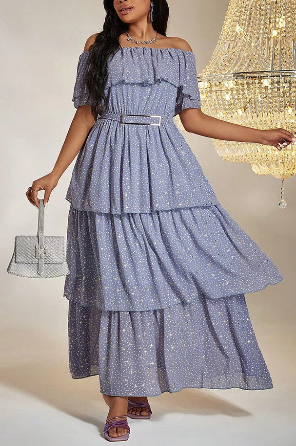 Plus Size Light Purple Star Print Off-Shoulder Tiered Cake Maxi Dress with Belt