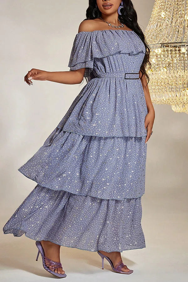 Plus Size Light Purple Star Print Off-Shoulder Tiered Cake Maxi Dress with Belt
