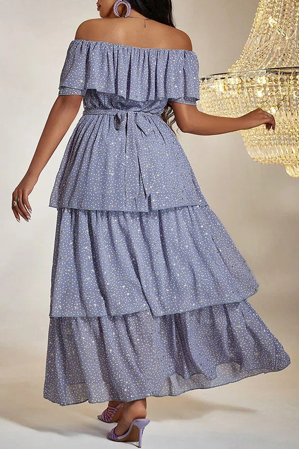 Plus Size Light Purple Star Print Off-Shoulder Tiered Cake Maxi Dress with Belt