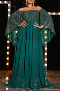 Plus Size Dark Green Sequin Off-Shoulder Cape Sleeve A-Line Evening Gown