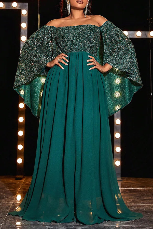 Plus Size Dark Green Sequin Off-Shoulder Cape Sleeve A-Line Evening Gown