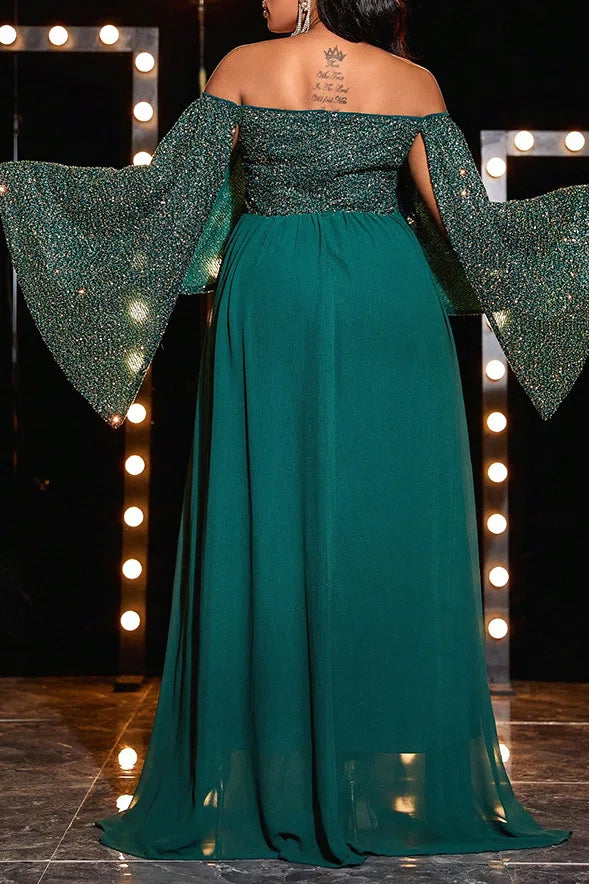 Plus Size Dark Green Sequin Off-Shoulder Cape Sleeve A-Line Evening Gown