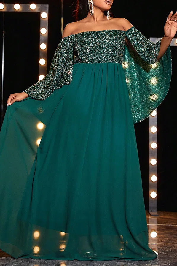 Plus Size Dark Green Sequin Off-Shoulder Cape Sleeve A-Line Evening Gown