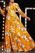 Plus Size Yellow Floral Print V-Neck Lantern Sleeve Slit A-Line Maxi Dress