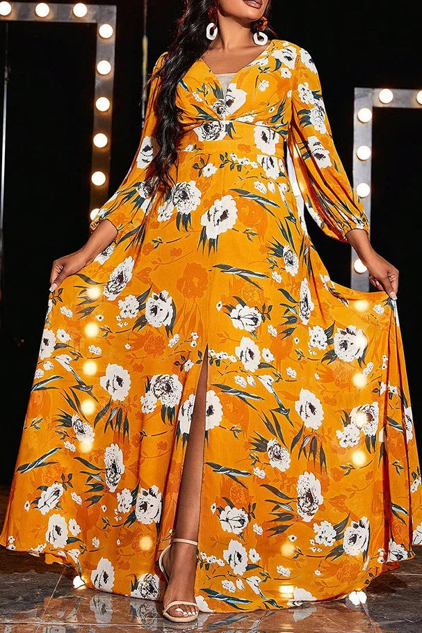 Plus Size Yellow Floral Print V-Neck Lantern Sleeve Slit A-Line Maxi Dress