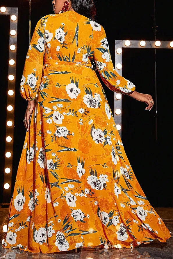 Plus Size Yellow Floral Print V-Neck Lantern Sleeve Slit A-Line Maxi Dress