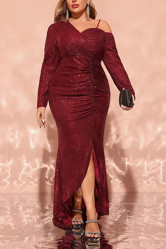 Plus Size Wine Red Sequin Asymmetric Off-Shoulder Long Sleeve Mermaid Evening Gown with Slit