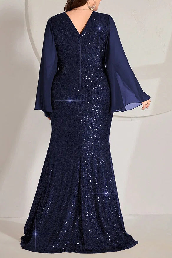 Plus Size Royal Blue Sequin V-Neck Slit Bell Sleeve Mermaid Evening Gown
