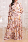 Plus Size Blush Floral Print Mock Neck Keyhole Tiered Chiffon Maxi Dress