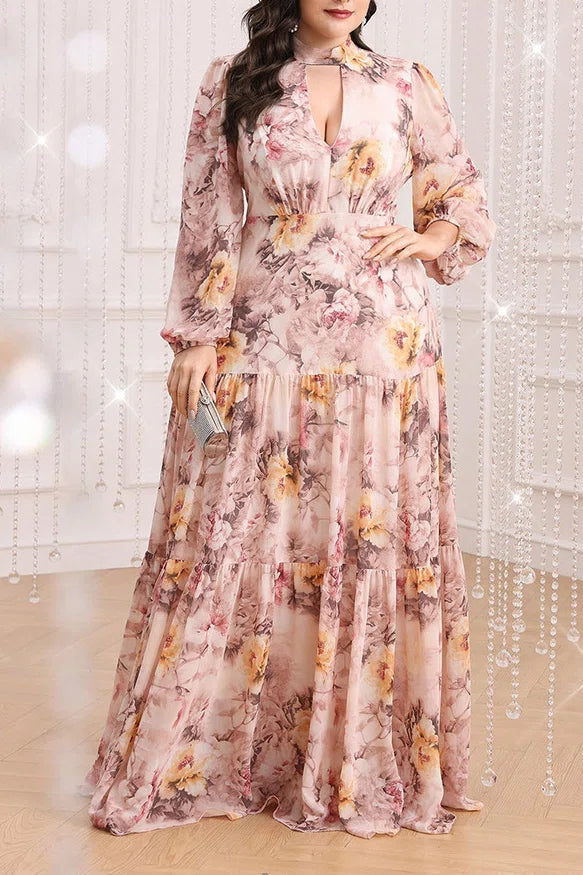 Plus Size Blush Floral Print Mock Neck Keyhole Tiered Chiffon Maxi Dress