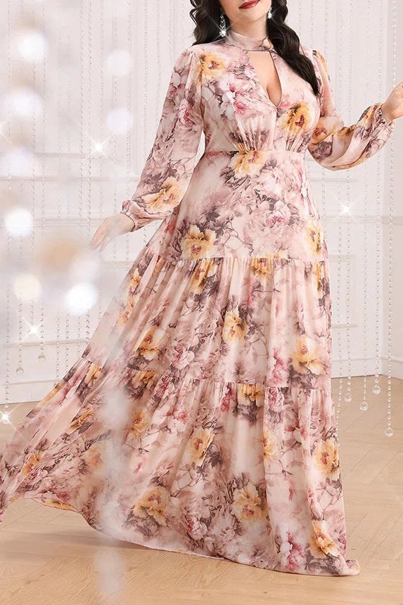 Plus Size Blush Floral Print Mock Neck Keyhole Tiered Chiffon Maxi Dress