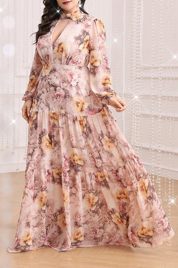 Plus Size Blush Floral Print Mock Neck Keyhole Tiered Chiffon Maxi Dress