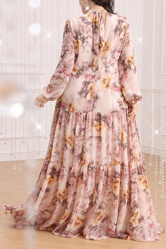 Plus Size Blush Floral Print Mock Neck Keyhole Tiered Chiffon Maxi Dress
