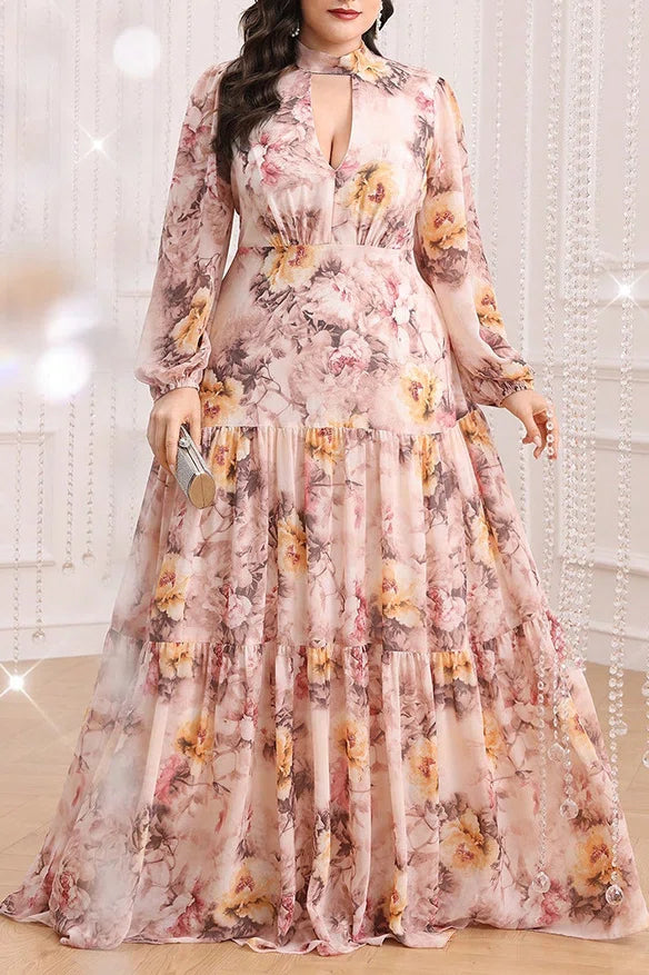 Plus Size Blush Floral Print Mock Neck Keyhole Tiered Chiffon Maxi Dress