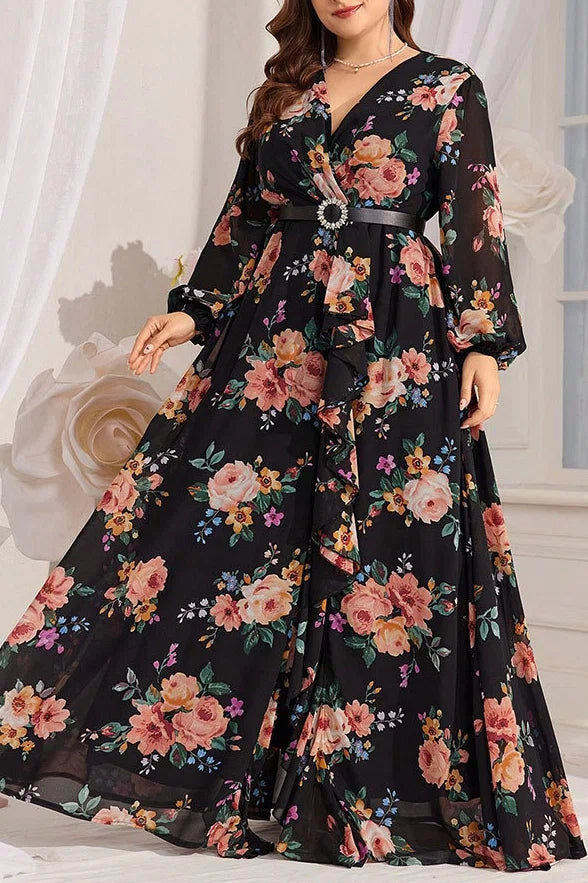 Plus Size Black Floral Print V-Neck Belted Chiffon Maxi Dress with Slit