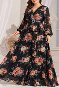 Plus Size Black Floral Print V-Neck Belted Chiffon Maxi Dress with Slit