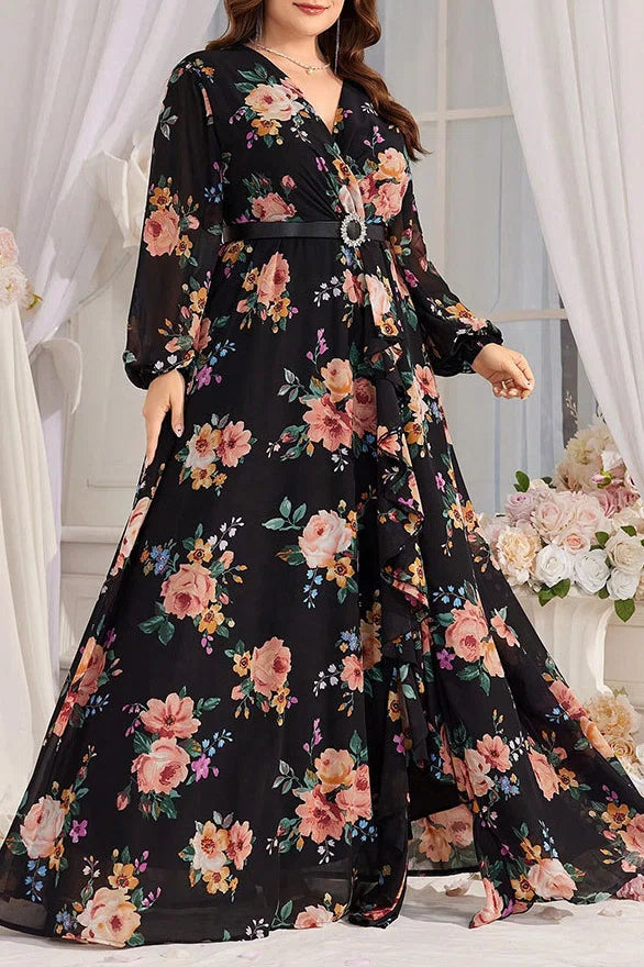 Plus Size Black Floral Print V-Neck Belted Chiffon Maxi Dress with Slit