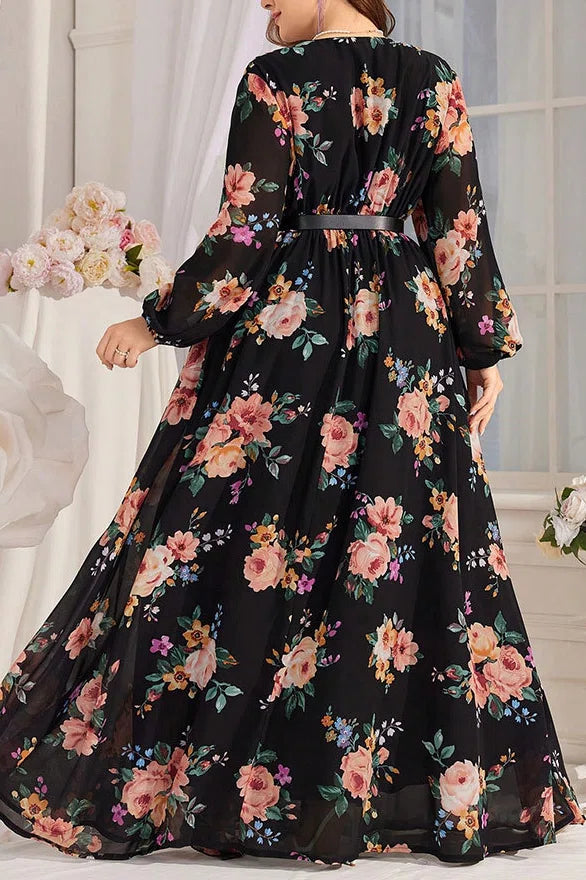 Plus Size Black Floral Print V-Neck Belted Chiffon Maxi Dress with Slit