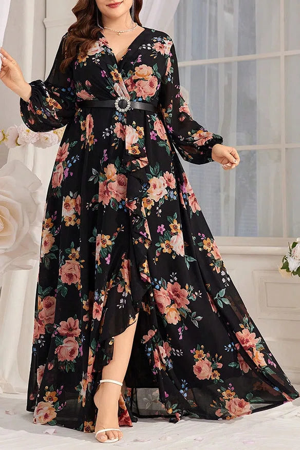 Plus Size Black Floral Print V-Neck Belted Chiffon Maxi Dress with Slit